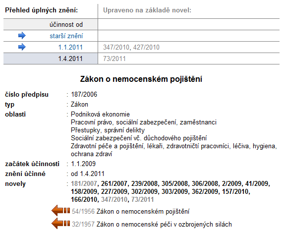 WINLEX: Hlavi�ka dokumentu s dostupn�mi historick�mi verzemi �pln�ch zn�n�