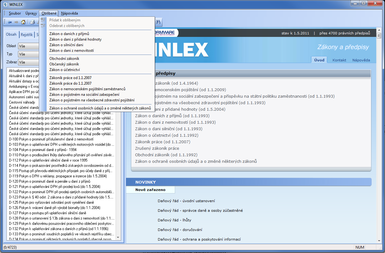 WINLEX: V�b�r obl�ben�ch p�edpis� dostupn� z n�strojov� li�ty a �vodn� strany programu