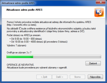 POHODA: Dialogové okno pro hromadnou aktualizaci adres zobrazuje také informace o maximálním počtu dotazů, které lze přes systém ARES aktualizovat v denním či nočním čase.