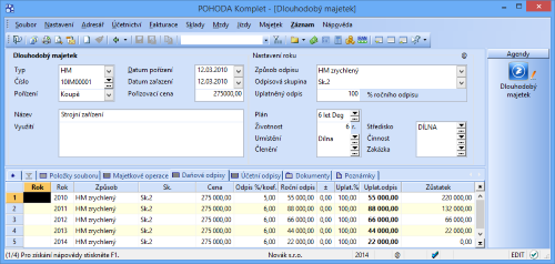 POHODA: P�i z�pisu majetku POHODA automaticky mimo jin� vypo��t� i da�ov� odpisy