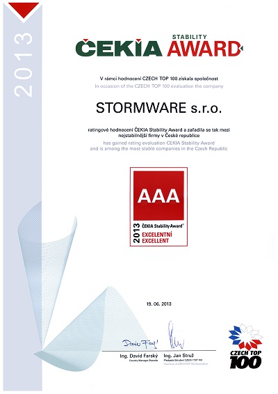 Hodnocení ČEKIA Stability Award 2013 pro společnost STORMWARE