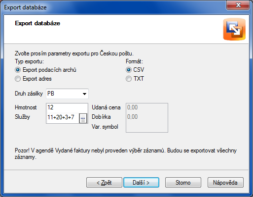 POHODA 9800: V průvodci exportem údajů pro Českou poštu můžete vybrat formát dat a vyplnit, resp. vybrat další parametry exportu