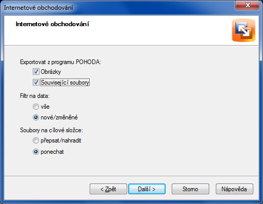 POHODA 9800: Při odesílání dat do e-shopu v průvodci kromě jiných parametrů zvolte, co vše se má odeslat a co se má stát se soubory se shodnými názvy