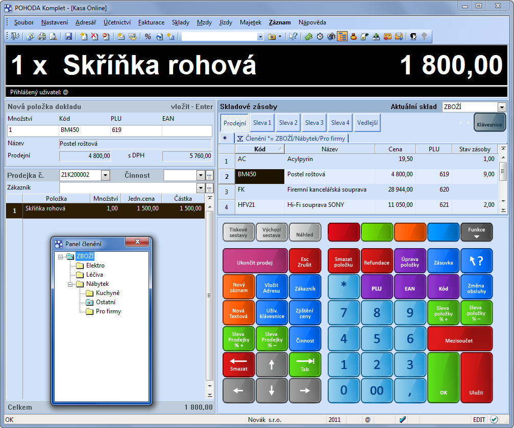 POHODA 9800: Zobrazený panel členění odpovídá aktuálně vybranému skladu - změníte-li sklad, uvidíte členění nově vybraného skladu; okno Panel členění můžete libovolně posouvat