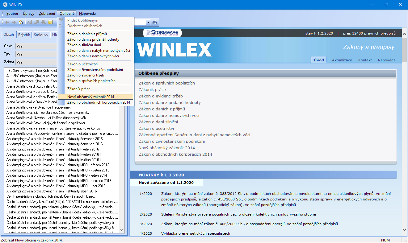 WINLEX: Výběr oblíbených předpisů dostupný z nástrojové lišty a úvodní strany programu