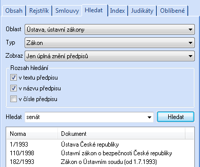 WINLEX: Fulltextové vyhledávání pojmu "senát" za použití filtrů