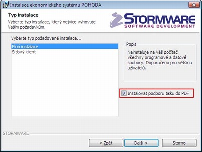 Instalace PDF tiskárny v průvodci instalací programu POHODA