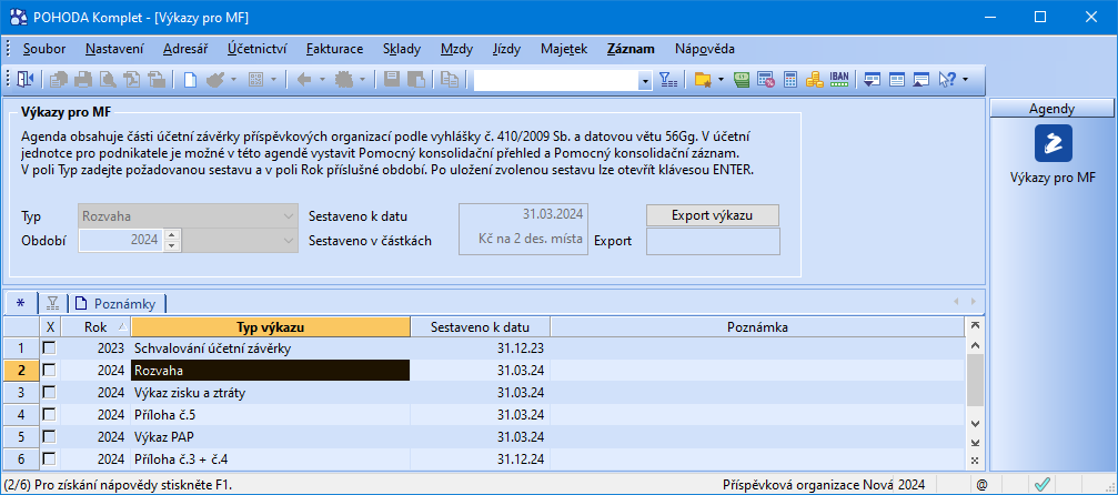 Výkaz v požadovaném formátu vytvoříte pomocí tlačítka Export do XML