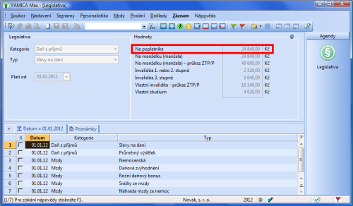PAMICA: Agenda Legislativa obsahuje aktualizované hodnoty, mimo jiné slevu na dani z příjmů fyzických osob na poplatníka platnou od 1. ledna 2012