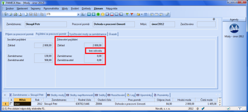 PAMICA: V případě, že zúčtovaný příjem některého zaměstnance nedosáhne v konkrétním měsíci částky 2 500 Kč, nebude z něj PAMICA odvádět zdravotní pojištění. V dané mzdě se to projeví také na záložce Pojištění za pracovní poměr.