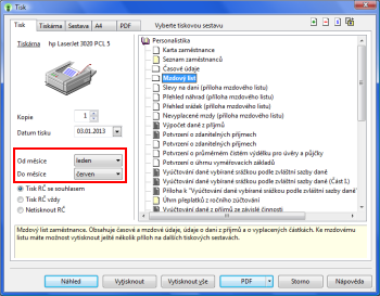PAMICA: K výběru období slouží výklopné seznamy polí Od měsíce a Do měsíce v levé části dialogového okna Tisk.
