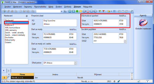PAMICA: V agendě Globální nastavení v sekci Instituce nezapomeňte vyplnit bankovní údaje pro odvod důchodového spoření.