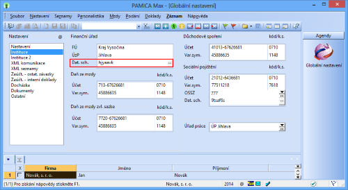 PAMICA: Všimněte si pole Dat. sch. Do něho zadejte ID datové schránky finančního úřadu a správy sociálního zabezpečení v případě, že budete odesílat elektronická podání rovnou do datových schránek jednotlivých úřadů.