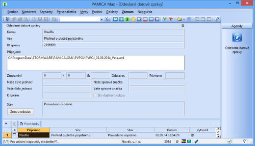 PAMICA: Všechny odeslané datové zprávy najdete zaznamenané ve stejnojmenné agendě, která se nachází v nabídce Soubor/Datová komunikace.