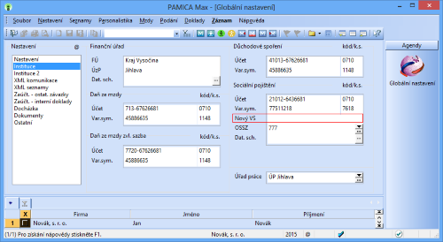 PAMICA: Do pole Nový VS v agendě Globální nastavení/Instituce vyplňte variabilní symbol zaměstnavatele, u kterého bude zaměstnanec zaměstnán po převodu.