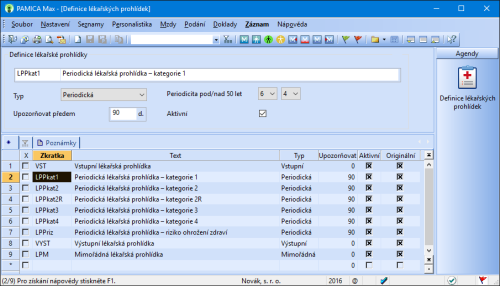 Jednotlivé lékařské prohlídky si definujete v agendě Definice lékařských prohlídek.