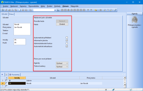 Nově můžete v programu PAMICA definovat parametry pro nastavení hesla a určit uživatelům práva pro nově přidané agendy a tiskové sestavy.