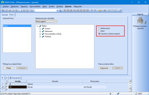 V sekci Práva můžete uživatelům nastavit práva pro jednotlivé agendy.