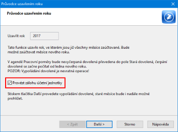 Nová volba v průvodci uzavřením roku vám umožní provést zálohu účetní jednotky