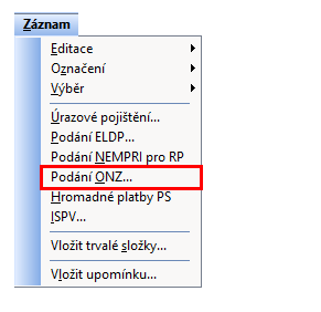 Přes povel Záznam/Podání ONZ… vyvoláte průvodce pro vytvoření oznámení o nástupu (skončení) zaměstnaní