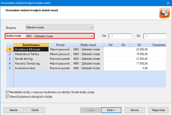 Vyberte si složku mzdy, kterou chcete vložit vybraným zaměstnancům najednou