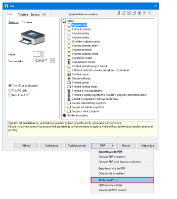 Nastavení tisku PDF souborů si můžete změnit pomocí volby označené na obrázku