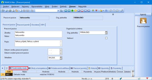 V agendě Pracovní pozice najdete nově záložku Trvalé složky mzdy