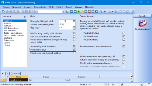 Možnost evidence tzv. sick days povolíte pomocí označené volby