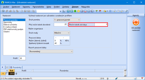 Roční nárok na sick days jednoduše nastavíte v agendě Uživatelské nastavení