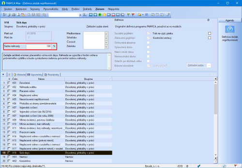 Procentní sazbu náhrady pro sick days uveďte v agendě Definice složek nepřítomnosti