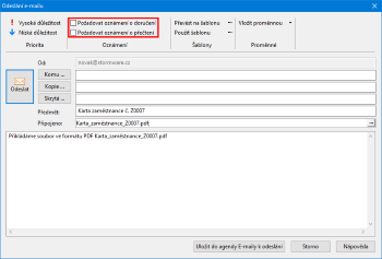 Pokud chcete poslat oznámení o přečtení, resp. doručení e-mailu, zatrhněte příslušnou volbu