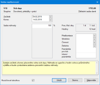 Pro tento nový zaměstnanecký benefit je v programu PAMICA zavedená složka nepřítomnosti V 18 Sick days