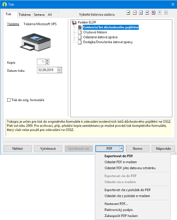 U tiskové sestavy Evidenční list důchodového pojištění můžete využít nové funkce pro hromadný export PDF či odeslání e-mailem