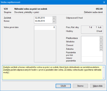Pomocí dialogového okna jednoduše zadáte zaměstnanci začátek a konec náhradního volna za práci ve svátek
