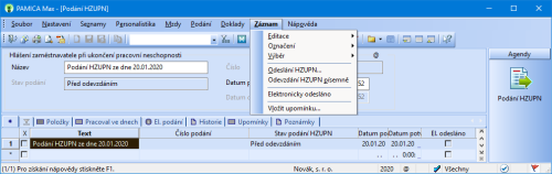 Povelem Odeslání HZUPN… odešlete vyplněné elektronické podání do datové schránky příslušné správy sociálního zabezpečení, resp. na portál VREP