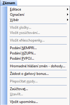 Povel pro vygenerování hlášení změn zdravotním pojišťovnám najdete v nabídce Záznam v agendě mezd vybraného měsíce