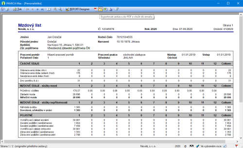 Přímo z náhledu tiskové sestavy můžete provést její odeslání ve formátu PDF e-mailem