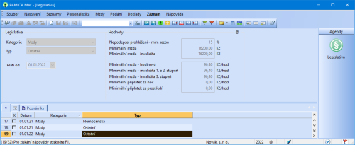 V programu PAMICA jsme podle aktuální legislativy upravili hodnotu minimální mzdy