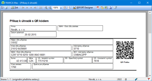 V Pamice najdete novou tiskovou sestavu Příkaz k úhradě (s kódem QR Platba)