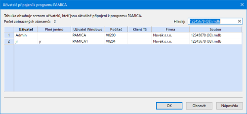 Pro lepší přehled si nově můžete zobrazit kompletní seznam uživatelů přihlášených do programu PAMICA