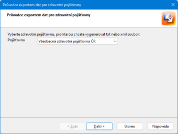 Pomocí Průvodce exportem dat vyberete zdravotní pojišťovnu, která podporuje formát XML