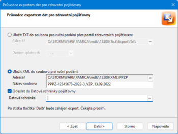 Na další straně průvodce nastavíte volbu Uložit XML do souboru pro ruční podání