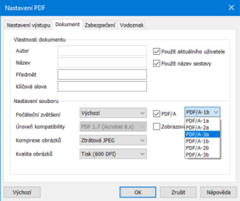 Prostřednictvím volby Nastavení PDF... v  dialogovém okně Tisk nastavte volbu PDF/A