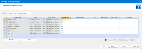 Po zobrazení okna Hromadné vložení složek srážek vyberete požadovanou složku ze seznamu a u jednotlivých zaměstnanců zadáte výši srážky