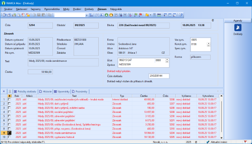 Pole Zpráva v agendě Doklady