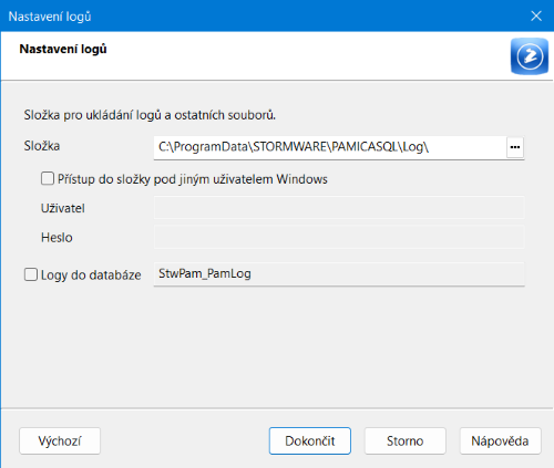 Dialogové okno pro nastavení složek pro ukládání logů v řadě PAMICA SQL