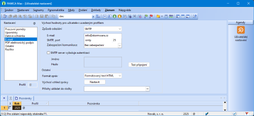 Agenda Uživatelské nastavení, sekce E-mail pro nastavení formátu zpráv