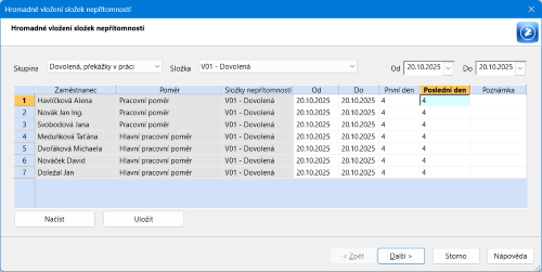 Dialogové okno pro hromadné vložení složek nepřítomností