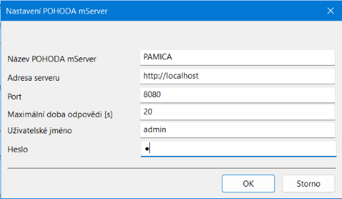 Dialogové okno pro nastavení POHODA mServeru