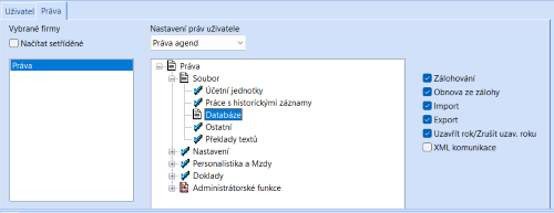 Agenda Přístupová práva sekce Soubor - Databáze
